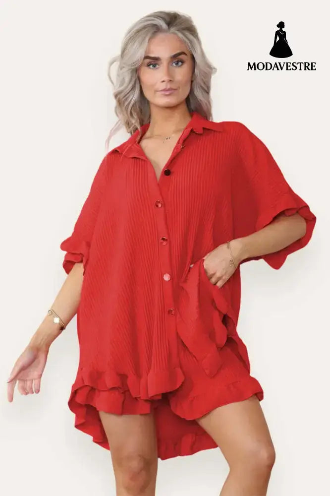 Women Casual Oversized Gold Button Pleated Frilled Ruffle Short Sleeves Shirt Top And Short Co Ord Set Red / One Size