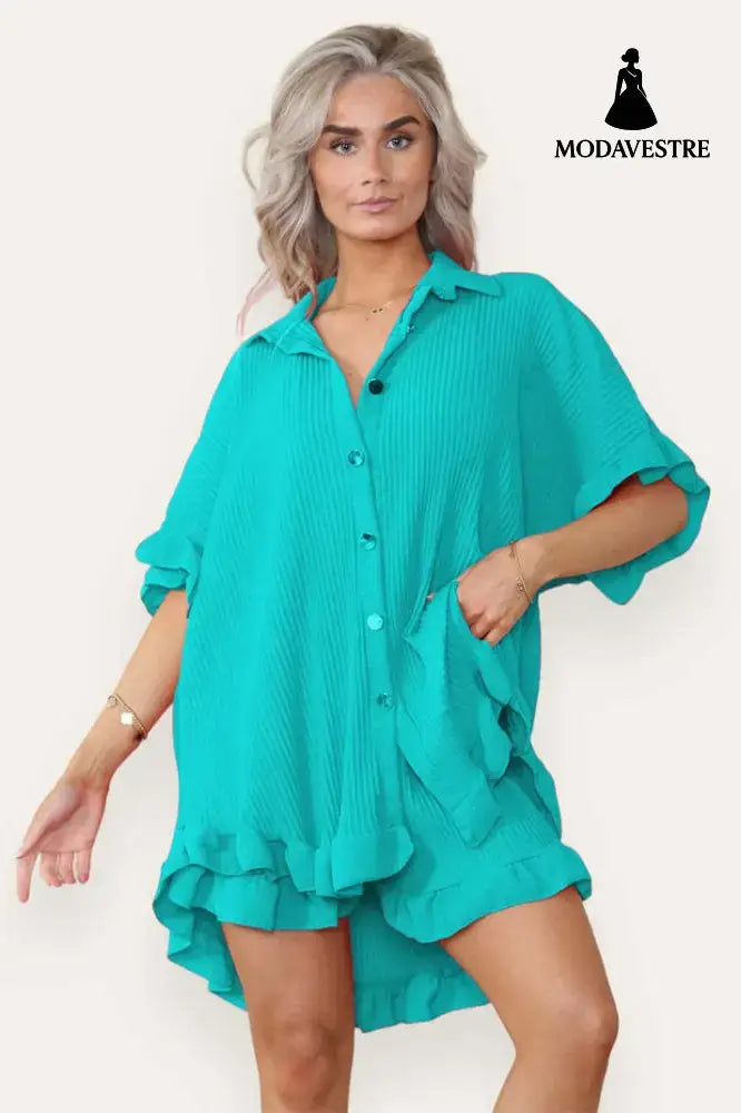 Women Casual Oversized Gold Button Pleated Frilled Ruffle Short Sleeves Shirt Top And Short Co Ord Set Turquoise / One