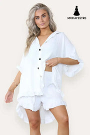 Women Casual Oversized Gold Button Pleated Frilled Ruffle Short Sleeves Shirt Top And Short Co Ord Set White / One Size
