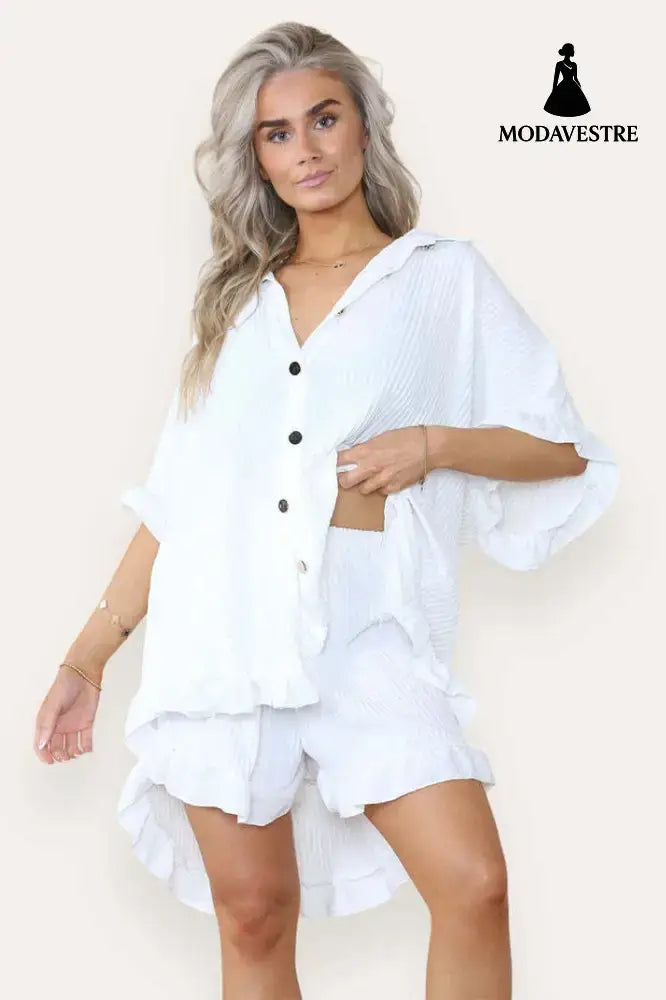 Women Casual Oversized Gold Button Pleated Frilled Ruffle Short Sleeves Shirt Top And Short Co Ord Set White / One Size