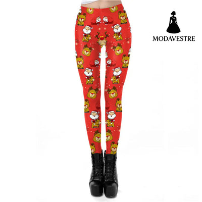 Women Christmas Elk Print Leggings - MODAVESTRE