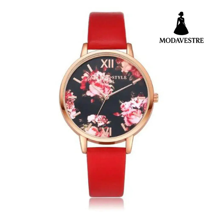 Women Flowers Bracelet Watch red
