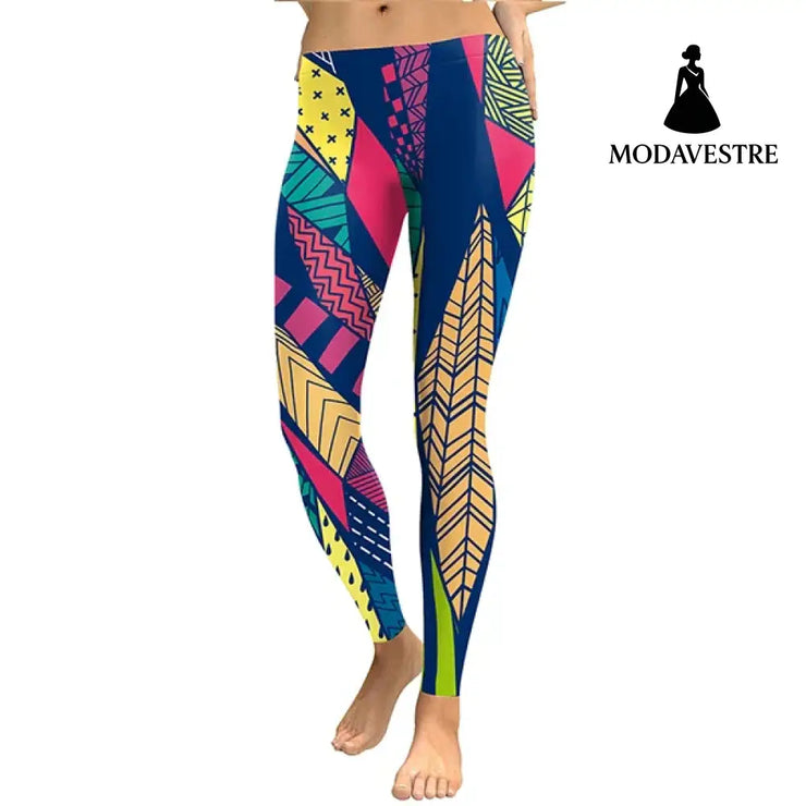 Women Leggings Geometry Pattern Leaves Digital Print Pant - MODAVESTRE