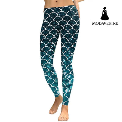 Women Mermaid Glitter Digital Print Leggings - MODAVESTRE