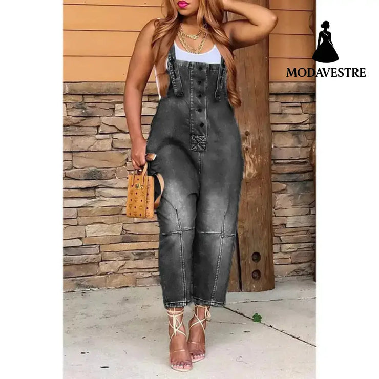 Women’s Clothing Fashion Casual Siamese Suspender Jeans Women Black / 2XL