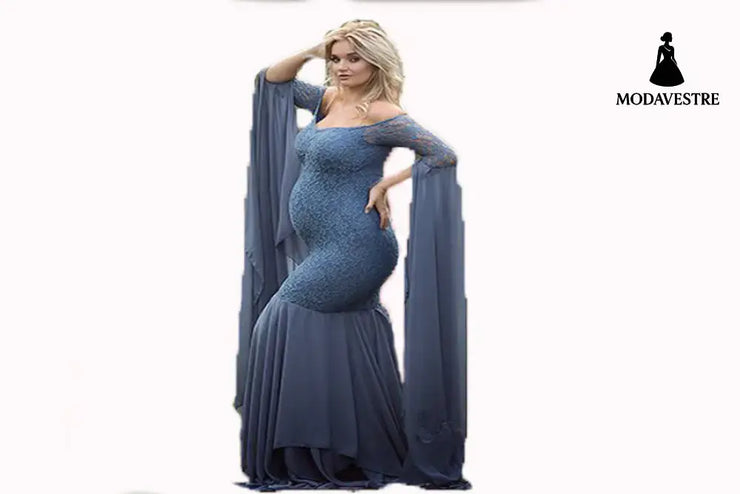 Women’s Clothing Lace Stitching Pregnant Women Super Long Sleeve Dress