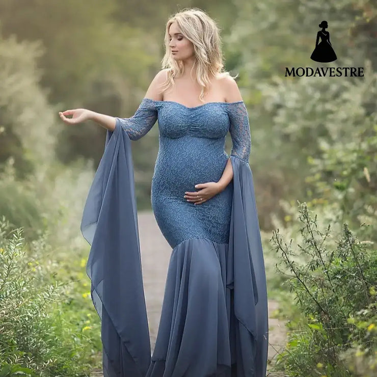 Women’s Clothing Lace Stitching Pregnant Women Super Long Sleeve Dress