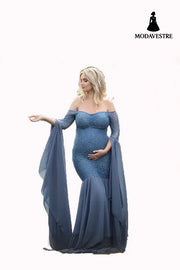 Women’s Clothing Lace Stitching Pregnant Women Super Long Sleeve Dress