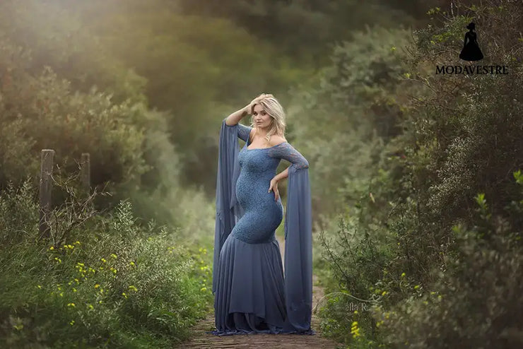 Women’s Clothing Lace Stitching Pregnant Women Super Long Sleeve Dress