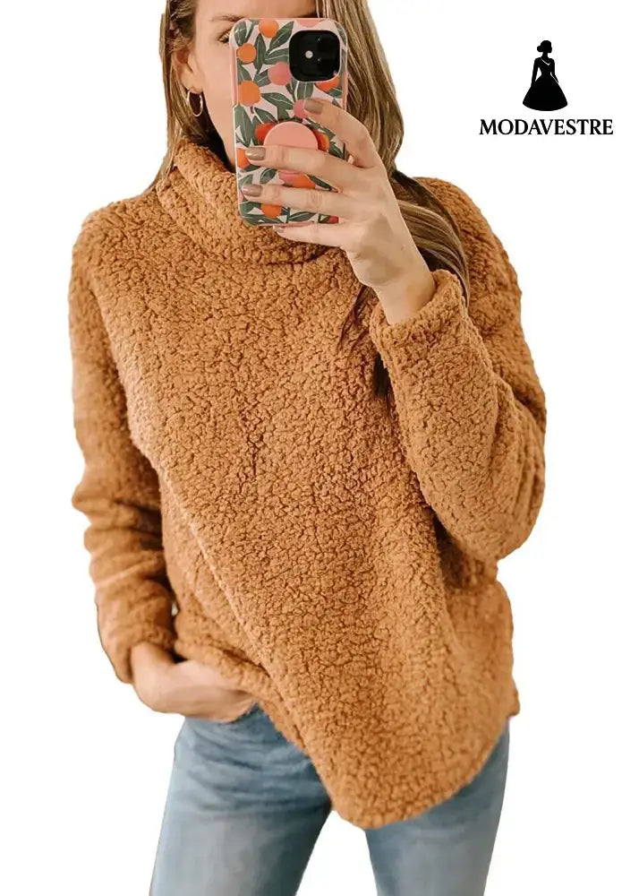 Women’s Clothing New Furry Turtleneck Solid Color Hoodie Plush Top Women