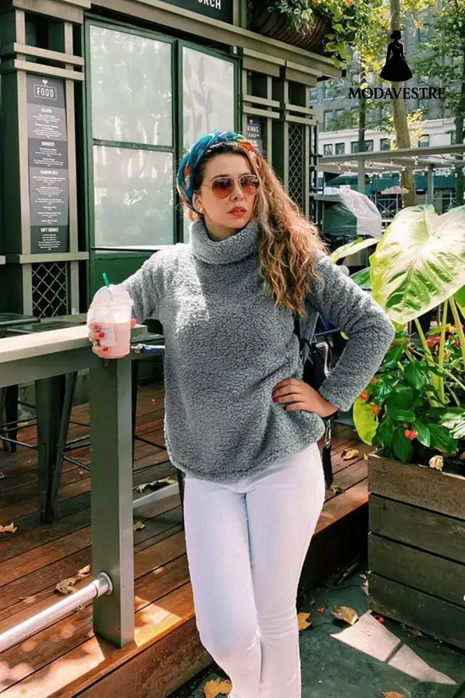 Women’s Clothing New Furry Turtleneck Solid Color Hoodie Plush Top Women