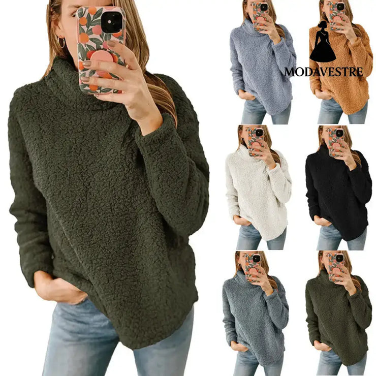 Women’s Clothing New Furry Turtleneck Solid Color Hoodie Plush Top Women