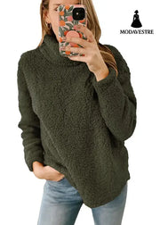 Women’s Clothing New Furry Turtleneck Solid Color Hoodie Plush Top Women Army Green / L