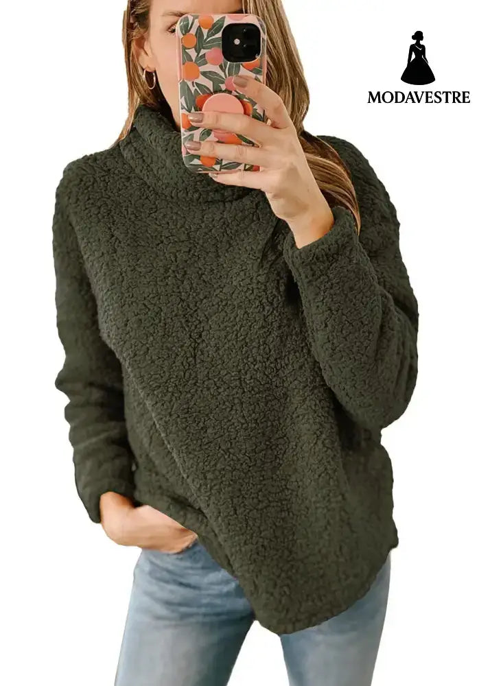 Women’s Clothing New Furry Turtleneck Solid Color Hoodie Plush Top Women Army Green / L