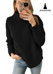 Women’s Clothing New Furry Turtleneck Solid Color Hoodie Plush Top Women Black / L