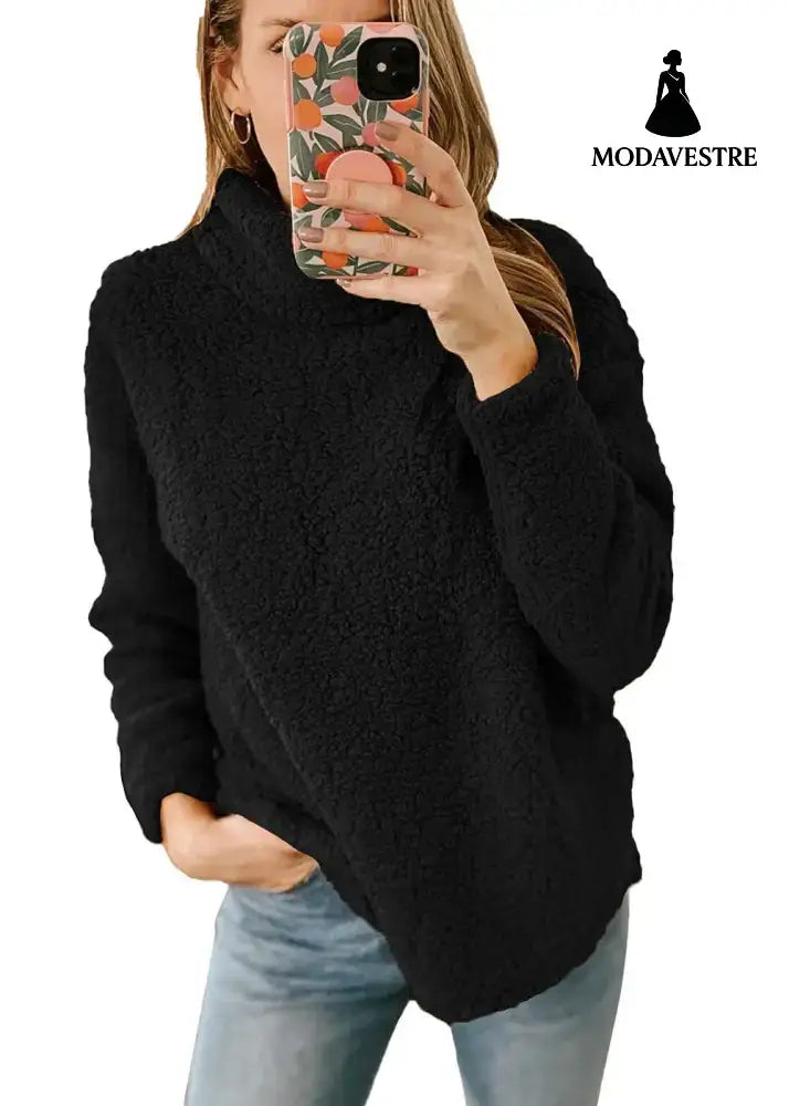 Women’s Clothing New Furry Turtleneck Solid Color Hoodie Plush Top Women Black / L