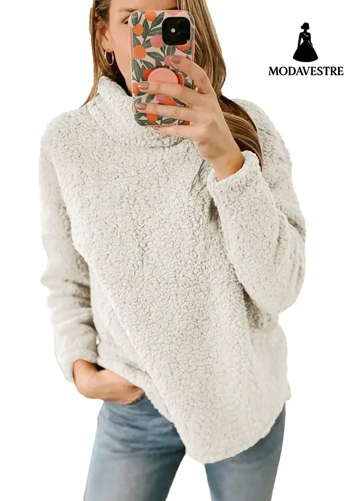 Women’s Clothing New Furry Turtleneck Solid Color Hoodie Plush Top Women Creamy White / L