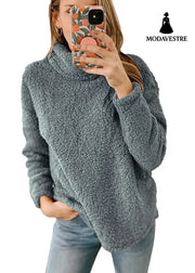 Women’s Clothing New Furry Turtleneck Solid Color Hoodie Plush Top Women Dark Gray / L