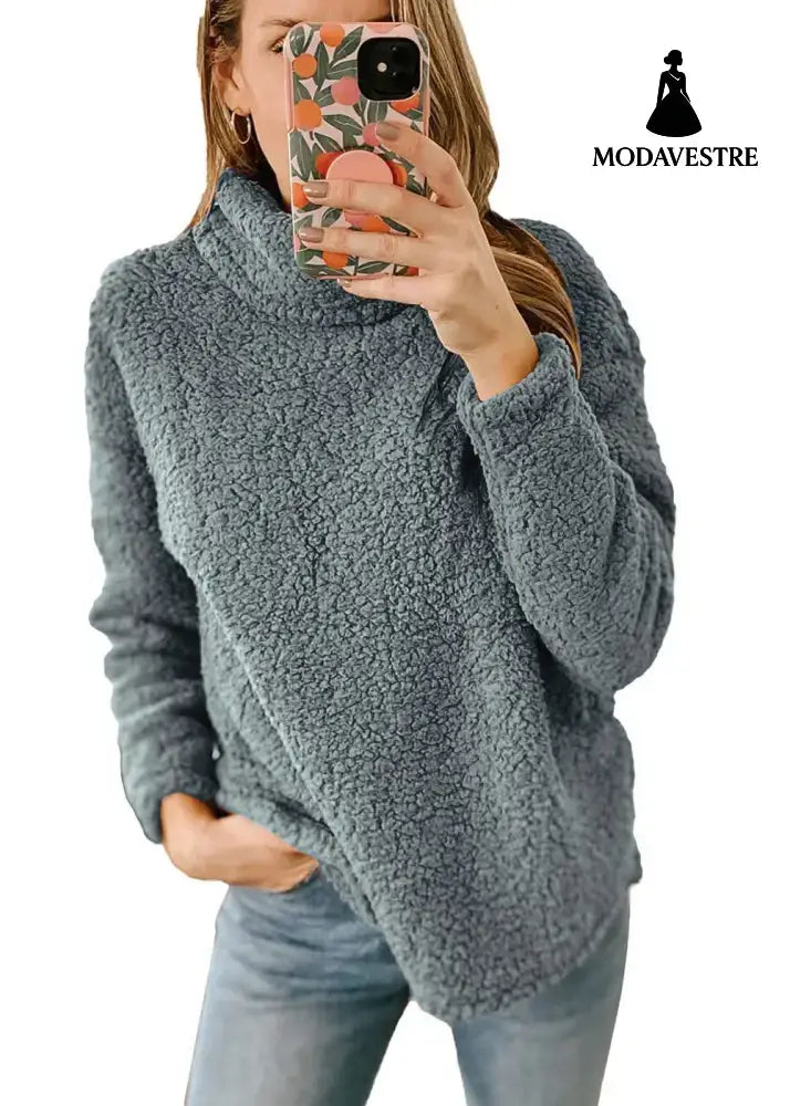 Women’s Clothing New Furry Turtleneck Solid Color Hoodie Plush Top Women Dark Gray / L