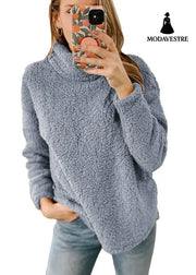 Women’s Clothing New Furry Turtleneck Solid Color Hoodie Plush Top Women Light Gray / L