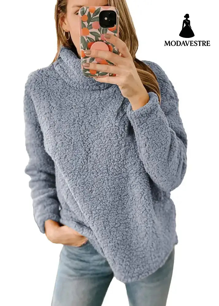 Women’s Clothing New Furry Turtleneck Solid Color Hoodie Plush Top Women Light Gray / L