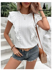 Women’s Clothing Ruffled White Casual Patchwork Shirt For Women