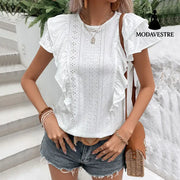 Women’s Clothing Ruffled White Casual Patchwork Shirt For Women