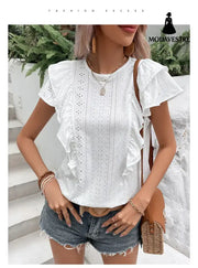 Women’s Clothing Ruffled White Casual Patchwork Shirt For Women