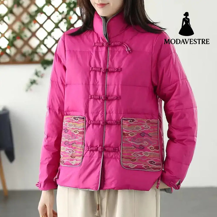 Women’s Clothing Short Embroidery Down Jacket Women Rose Red / L