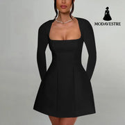 Women’s Clothing Slim Fit Square Collar Long Sleeve Dress Women