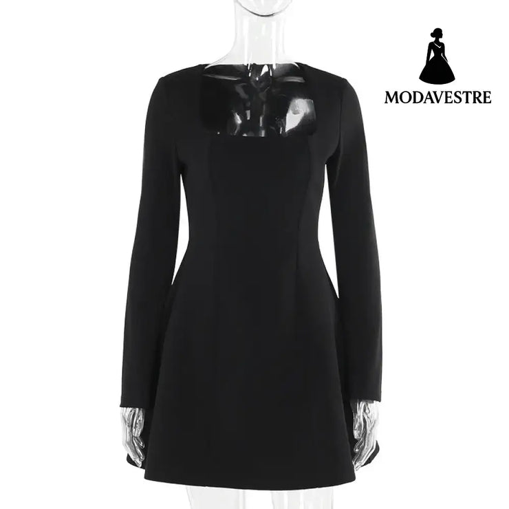 Women’s Clothing Slim Fit Square Collar Long Sleeve Dress Women Black / L