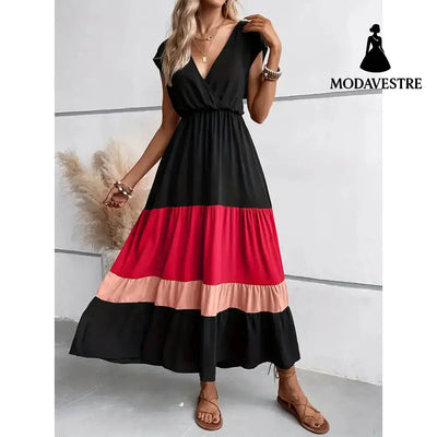 Women’s Color Block Maxi Dresses V Neck Sleeveless Tiered Casual Dresses Loose Sundress