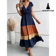 Women’s Color Block Maxi Dresses V Neck Sleeveless Tiered Casual Dresses Loose Sundress