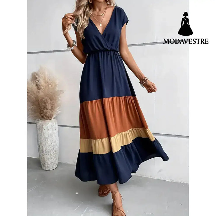 Women’s Color Block Maxi Dresses V Neck Sleeveless Tiered Casual Dresses Loose Sundress