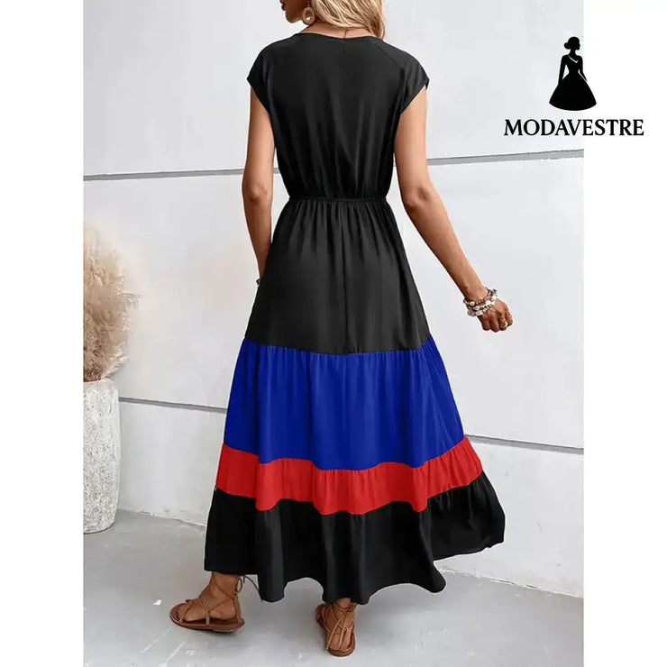 Women’s Color Block Maxi Dresses V Neck Sleeveless Tiered Casual Dresses Loose Sundress
