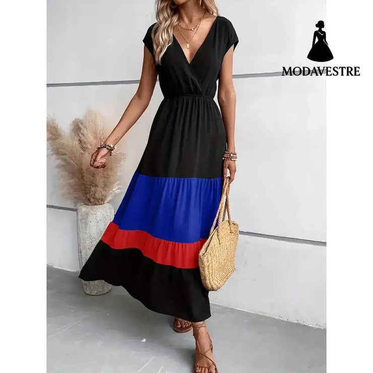 Women’s Color Block Maxi Dresses V Neck Sleeveless Tiered Casual Dresses Loose Sundress