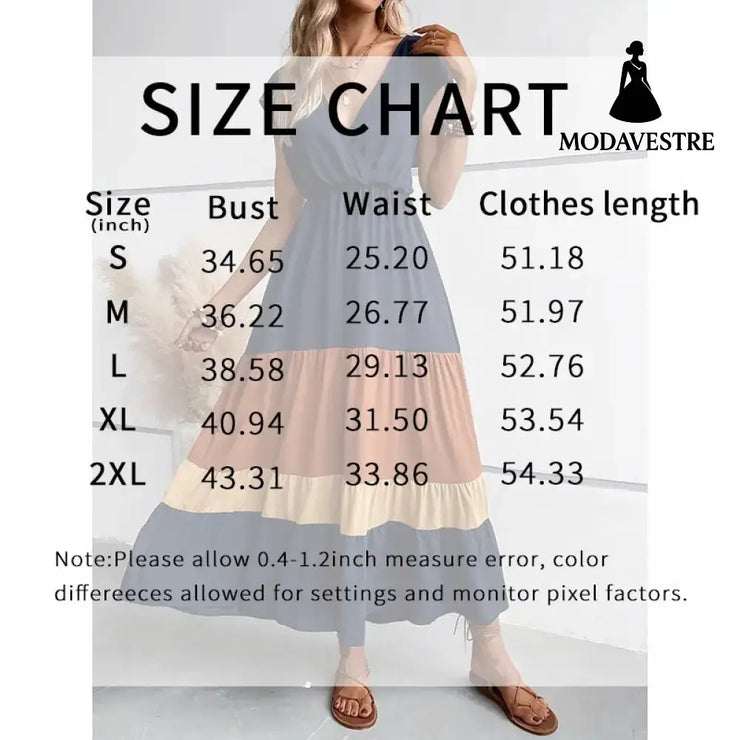 Women’s Color Block Maxi Dresses V Neck Sleeveless Tiered Casual Dresses Loose Sundress