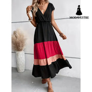 Women’s Color Block Maxi Dresses V Neck Sleeveless Tiered Casual Dresses Loose Sundress