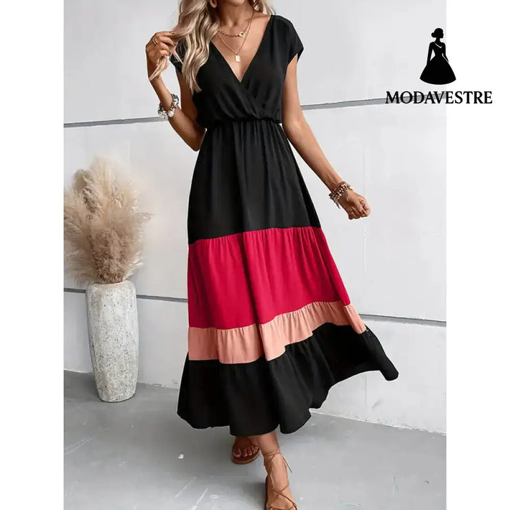 Women’s Color Block Maxi Dresses V Neck Sleeveless Tiered Casual Dresses Loose Sundress