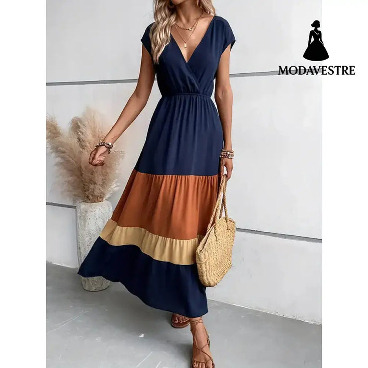 Women’s Color Block Maxi Dresses V Neck Sleeveless Tiered Casual Dresses Loose Sundress