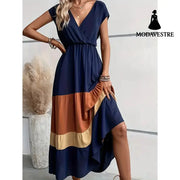 Women’s Color Block Maxi Dresses V Neck Sleeveless Tiered Casual Dresses Loose Sundress