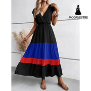 Women’s Color Block Maxi Dresses V Neck Sleeveless Tiered Casual Dresses Loose Sundress Blue / 2XL