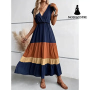 Women’s Color Block Maxi Dresses V Neck Sleeveless Tiered Casual Dresses Loose Sundress Orange / 2XL