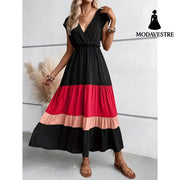 Women’s Color Block Maxi Dresses V Neck Sleeveless Tiered Casual Dresses Loose Sundress Red / 2XL