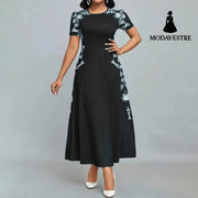 Women’s Elegant Short Sleeve Maxi Dresses Casual Empire Waist Long Dress Black / 2XL