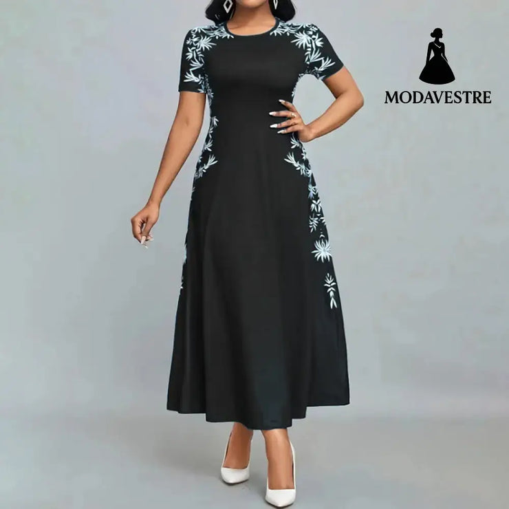 Women’s Elegant Short Sleeve Maxi Dresses Casual Empire Waist Long Dress Black / 2XL