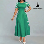 Women’s Elegant Short Sleeve Maxi Dresses Casual Empire Waist Long Dress Green / 2XL