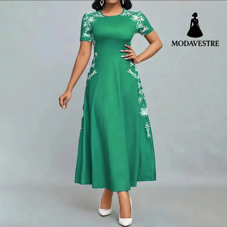 Women’s Elegant Short Sleeve Maxi Dresses Casual Empire Waist Long Dress Green / 2XL