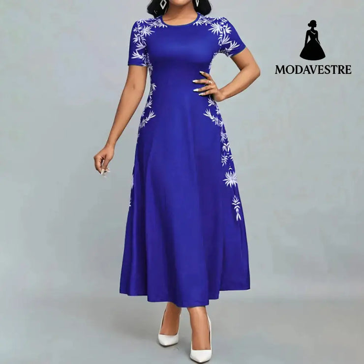 Women’s Elegant Short Sleeve Maxi Dresses Casual Empire Waist Long Dress Navy Blue / 2XL