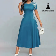 Women’s Elegant Short Sleeve Maxi Dresses Casual Empire Waist Long Dress Peacock Blue / 2XL